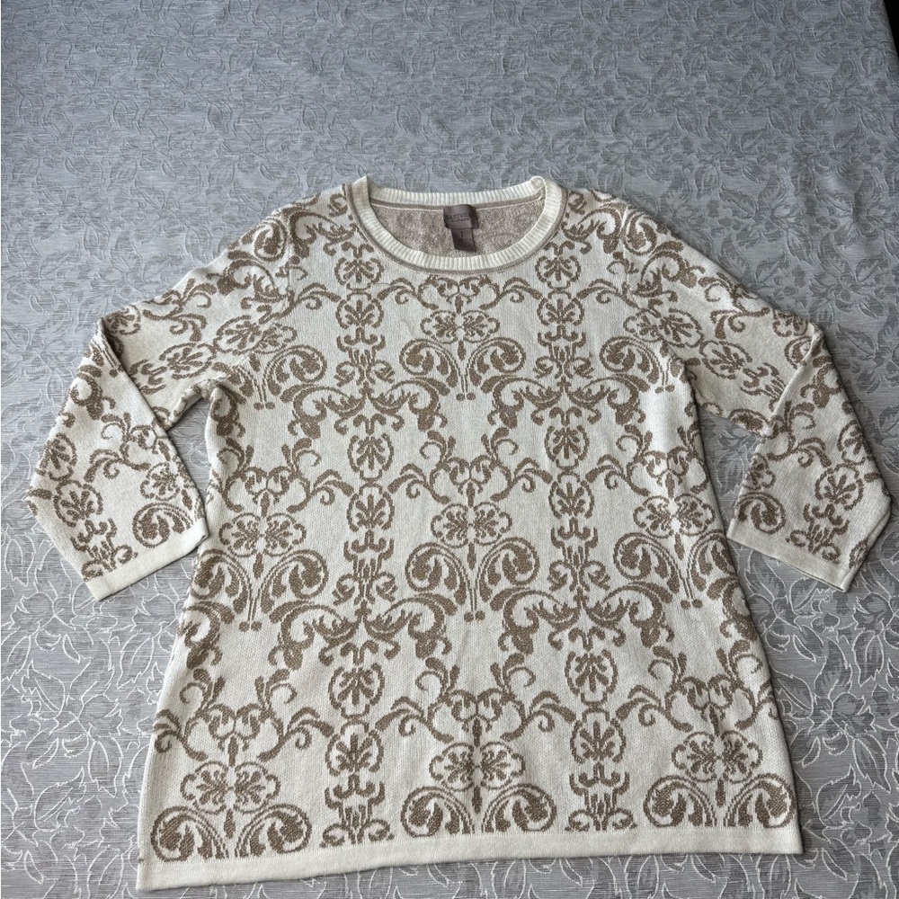 Easy wear by Chico's Cream and Brown Floral Sweater